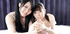Two Japanese teen gals in lingerie pleasing happy dude in four hands