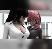 Sexual tension between busty college babes in Hentai feature