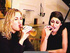 Blonde doll and her brunette friend drinking beer and smoking to get high